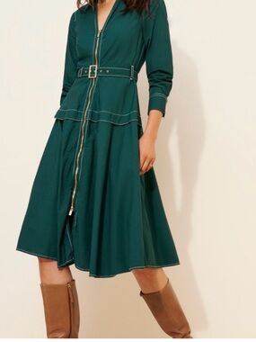 Anthropologie Long-Sleeve Green Belted Midi Dress Size M